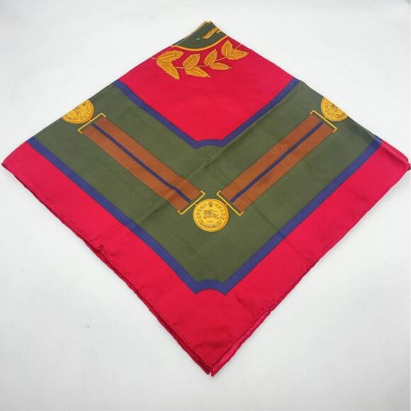 Burberrys Knight Pattern Red x Green x Golden Pure Silk Scarf - Picture 6 of 10
